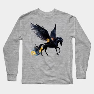 Mythical Fire Pegasus black horse winged flying night watercolor fantasy magical fairy tale illustration Long Sleeve T-Shirt